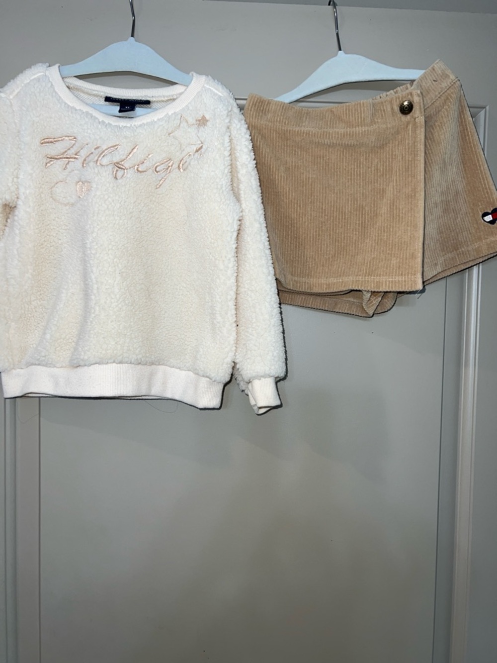Tommy Hilfiger Cream Sherpa Pullover with Tan Corduroy Skort Set